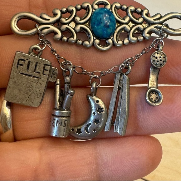 Vintage Faux Turquoise Silver Tone Office Charm Brooch Pin - Picture 6 of 8